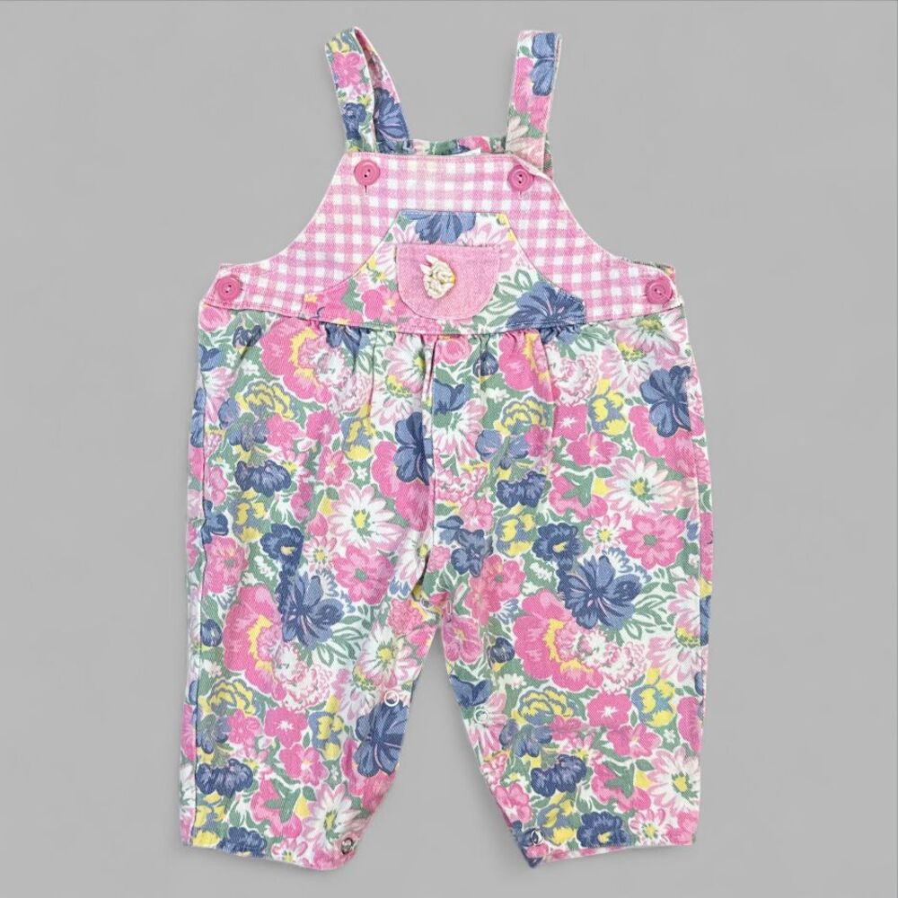 Vintage Baby Overalls Floral Pink Checkered Cotton Jumper 80s 90s Size 6-9 mo